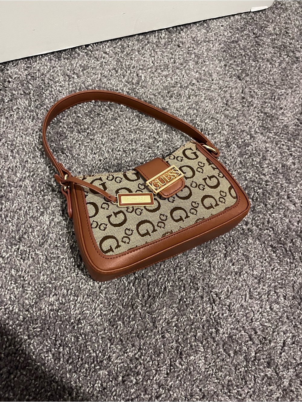 GUESS Brown Logo Jacquard Shoulder Bag with Tan Trim